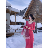 雅乔 针织连衣裙 慵懒风纯欲毛衣裙含羊毛喇叭袖 蜜桃生香 冬装