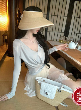 Sun雅乔【秋色呢喃】莱赛尔假两件荡领上衣+蕾丝花边网纱半身裙裤