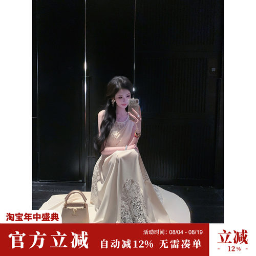 Sun雅乔【保加利亚】夏季小众设计师款不对称蕾丝无袖礼服连衣裙