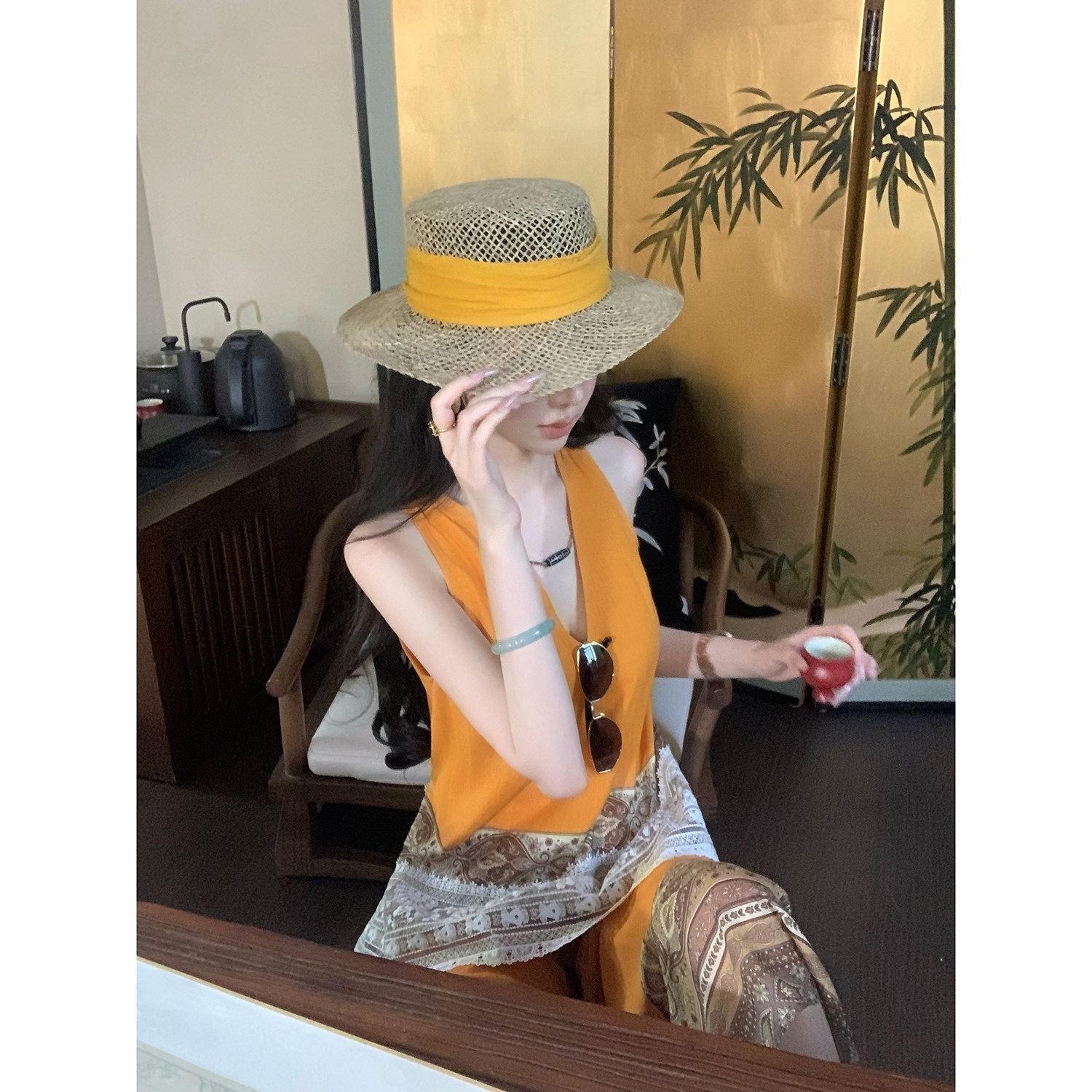 Sun雅乔【橘绿之泉】天珠亚麻套装女蕾丝拼接两件套