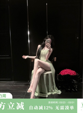 Sun雅乔【雅典娜】夏装巨好看蕾丝网纱鱼骨收腰开衩吊带连衣长裙