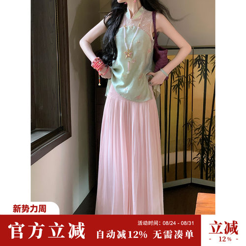 Sun雅乔【鎏光阔腿裤】重工打揽腰头宽松阔腿裤女顺褶大摆长裤