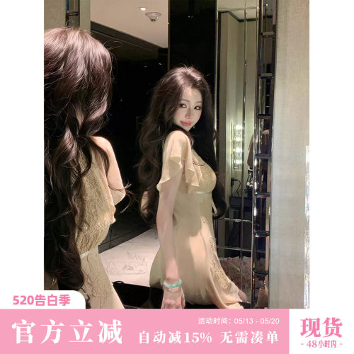 Sun雅乔【掌上娇妻】夏季新款纯欲蕾丝雪纺收腰短款小飞袖连衣裙
