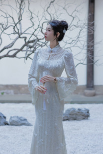 蝴蝶鱼尾喇叭长袖 国风奶油新中式 连衣长裙 香妃裙 现货Sun雅乔