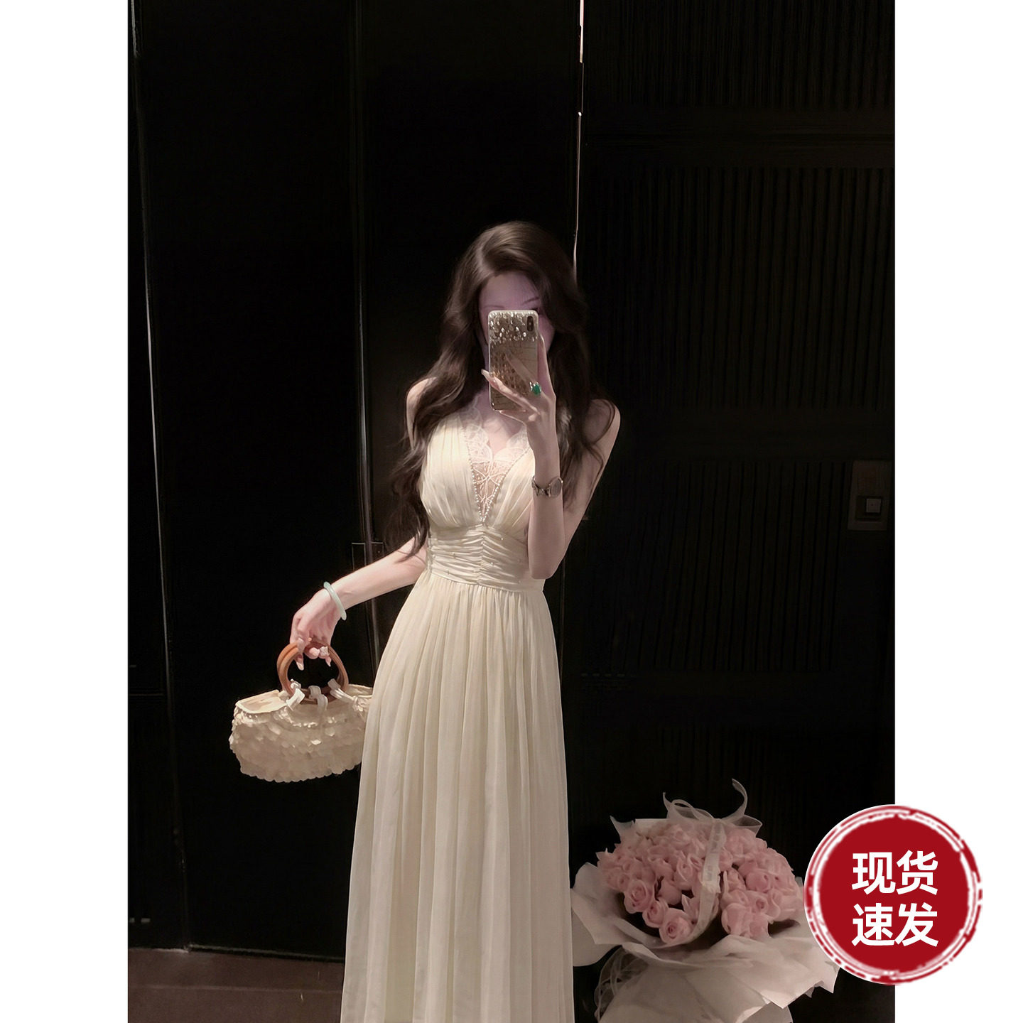 Sun雅乔【月下清晖】夏季白月光V领蕾丝花边钉珠收腰无袖连衣裙子图片