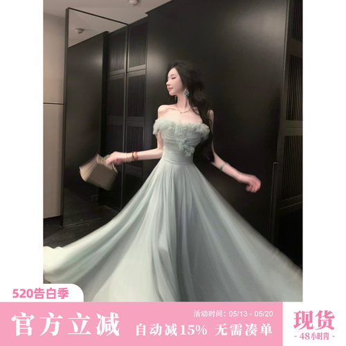 Sun雅乔【青空之境】夏装超仙儿A字立体花朵收腰大摆网纱连衣长裙