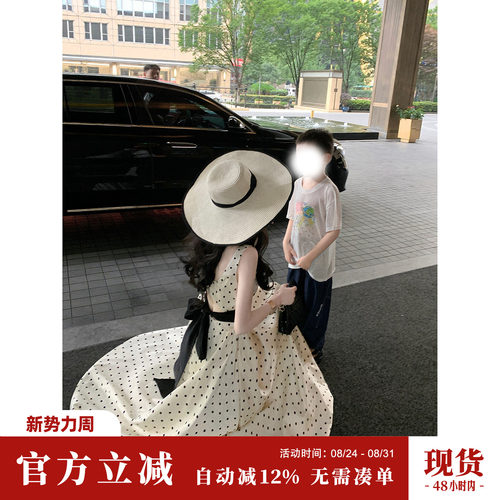 雅乔【可可小姐】法式无袖蝴蝶结后背镂空系带赫本风波点连衣长裙