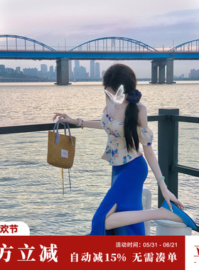 Sun雅乔【无尽夏】碎花上衣半身裙+蓝色上衣半身裙套装