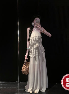 Sun雅乔【白玫瑰】夏装清纯多层荷叶边挂脖白色连衣裙长款礼服裙