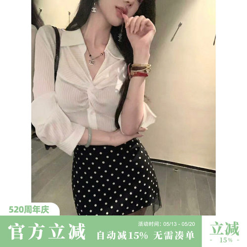 Sun雅乔【伦敦画报】夏季新款百搭黑色网纱拼接波点半身裙A字短裙