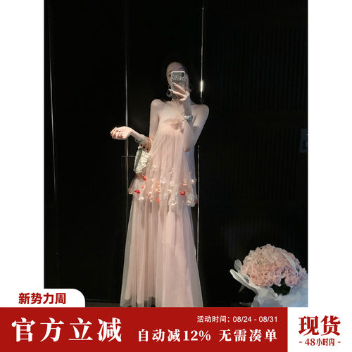 Sun雅乔【海滨花信】夏季度假风立体花挂脖连衣裙多层大摆纱裙