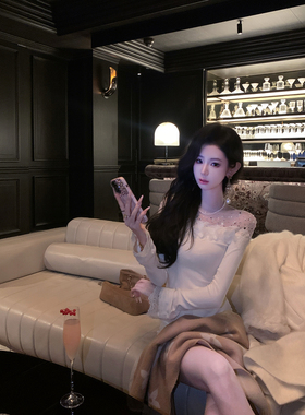 Sun雅乔【私有浪漫】韩系秋冬网纱烫钻针织打底衫女修身外穿上衣