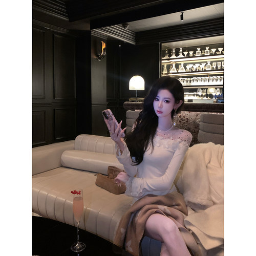 Sun雅乔【私有浪漫】韩系秋冬网纱烫钻针织打底衫女修身外穿上衣