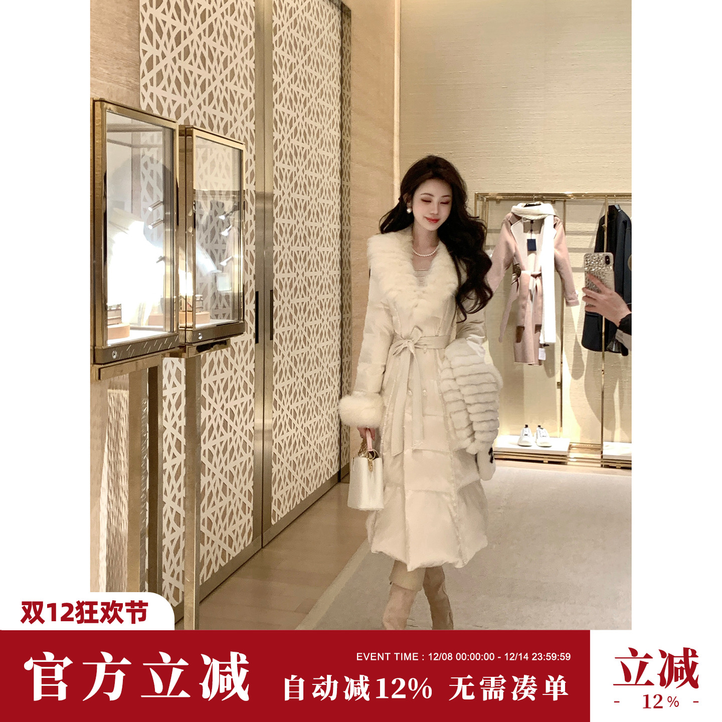 Sun雅乔【嘉柏丽尔】冬长袖连帽狐狸毛领桑蚕丝鹅绒羽绒服外套女