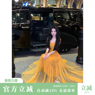 金黄蕾丝网纱连衣裙高腰A字礼服裙子 春夏新款 Sun雅乔 金陵月下