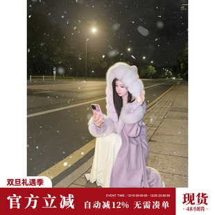 中长款 秋冬长袖 狐狸毛领连帽双面呢羊毛大衣外套女 依恋 雅乔