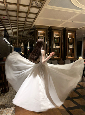 Sun雅乔【白昼遐想】秋冬新款长袖网纱网纱烫钻蕾丝拼大摆连衣裙