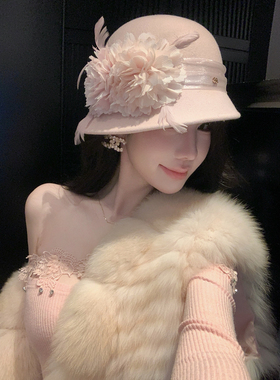 英伦时尚毛呢帽子女秋冬花朵圆顶礼帽
