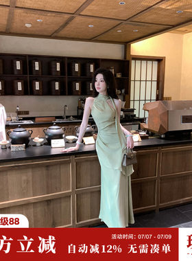 雅乔【昨日青空】夏季小众设计师莱赛尔收腰收腰高领连衣长裙