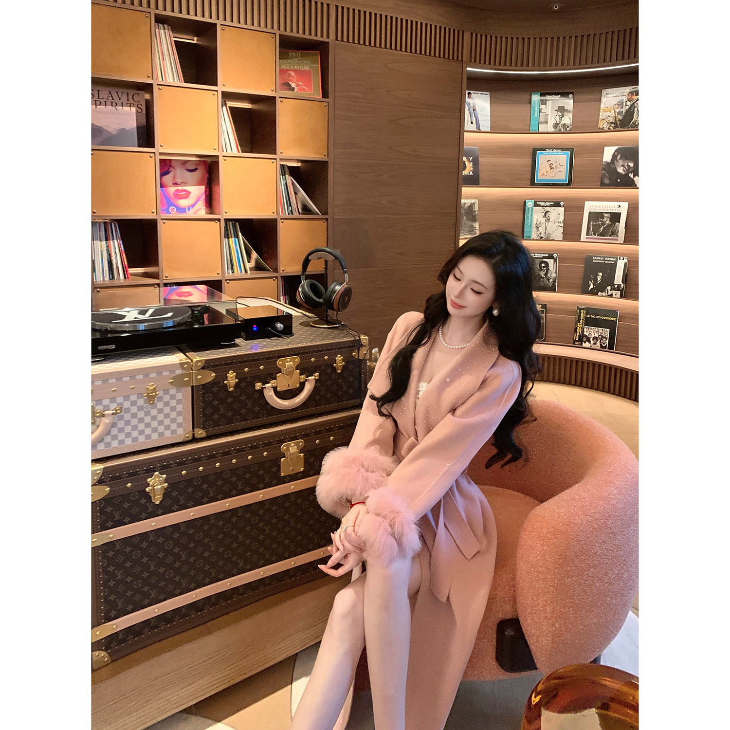 Sun雅乔【半岛弥音】冬季双面手工袖口狐狸毛羊毛呢大衣长外套女