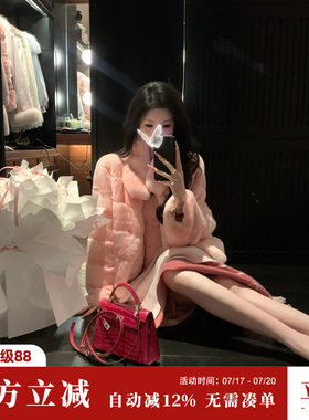Sun雅乔【羞羞兔】秋冬进口贵妇保暖长袖轻奢粉獭兔毛皮草外套女
