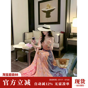 Sun雅乔【保持浪漫】夏季V领无袖不对称撞色印花飘带度假风连衣裙