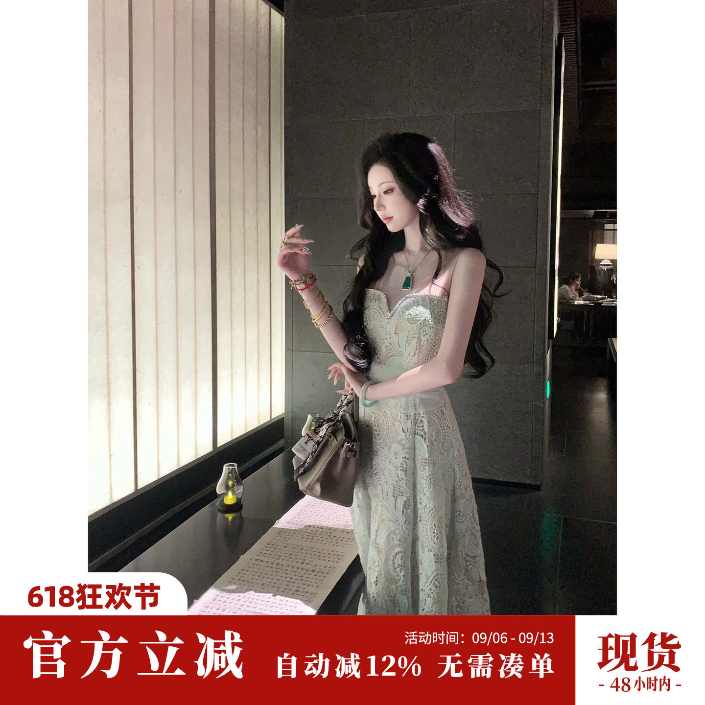 Sun雅乔【邂逅】夏季新款礼服高级感重工水溶蕾丝网纱拼接连衣裙图片