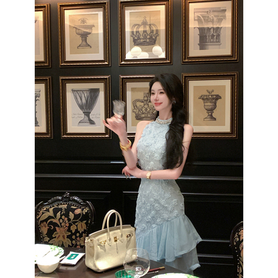 雅乔【幻彩海洋】夏季无袖背心裙千金绣花网纱不规则连衣裙子圆领