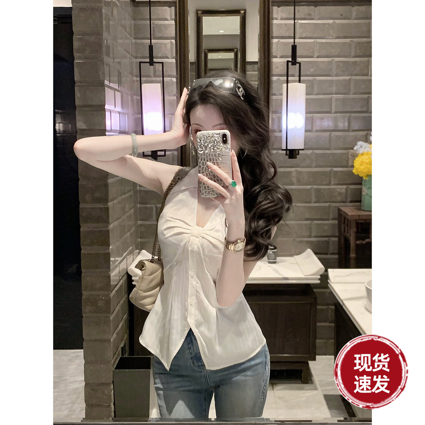 Sun雅乔【白瓷新贵】夏季气质衬衫缎面竖条纹无袖翻领衬衣上衣女图片