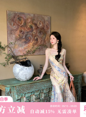 Sun雅乔【十四行诗】夏装小众设计师款蕾丝拼接修身鱼尾连衣长裙