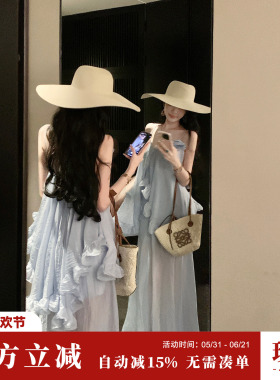 Sun雅乔【滨湖之恋】夏季蓝色小众不规则荷叶边天丝吊带连衣长裙