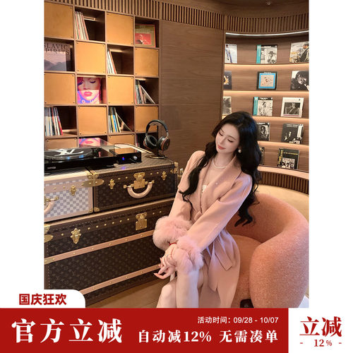 Sun雅乔【半岛弥音】冬季双面手工袖口狐狸毛羊毛呢大衣长外套女