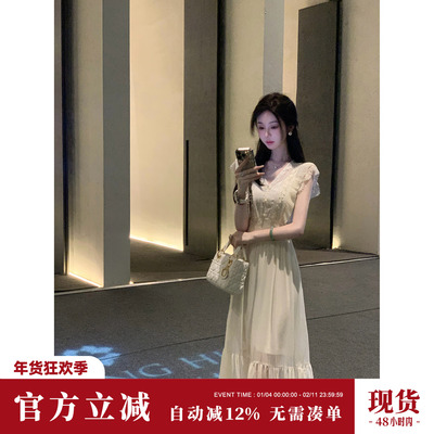 Sun雅乔【天鹅湖】双版本长短款蕾丝花边珍珠雪纺连衣裙两件套