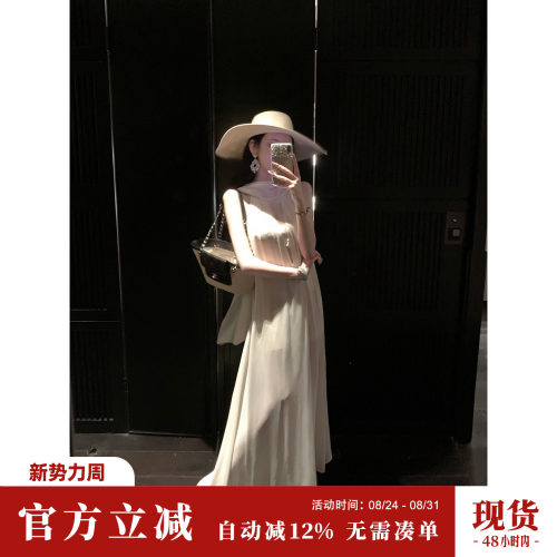 Sun雅乔【月牙湾】夏季时尚无袖A字雪纺蕾丝拼接假两件飘带连衣裙