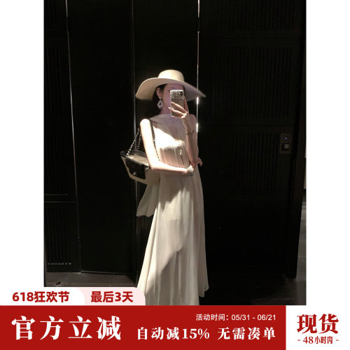 Sun雅乔【月牙湾】夏季时尚无袖A字雪纺蕾丝拼接假两件飘带连衣裙