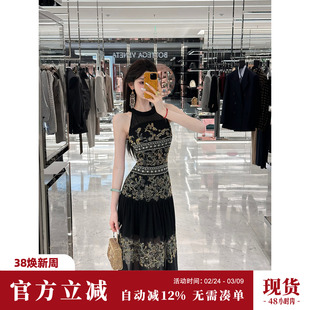 Sun雅乔【折腰】夏季轻奢重工定位钉珠刺绣无袖吊带雪纺连衣裙