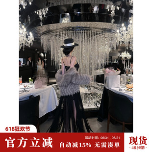 Sun雅乔【维港午夜】秋冬名媛辣妹轻奢亮片蕾丝黑色吊带连衣长裙