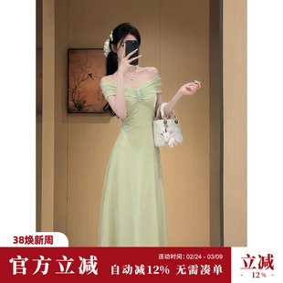 Sun雅乔【绿屿浮光】夏季轻熟风缎面礼服裙绿色吊带长款连衣裙