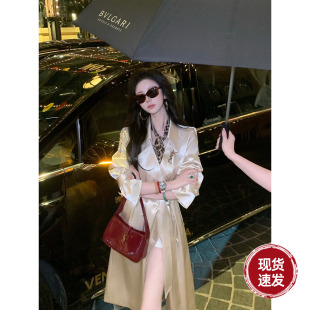 Sun雅乔【绝代风华2.0】春装长袖轻奢高级鎏金缎中长款风衣外套女