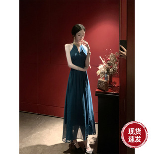 礼服裙气质A字裙挂脖孔雀蓝雪纺连衣裙 夏季 Sun雅乔 情系威尼斯