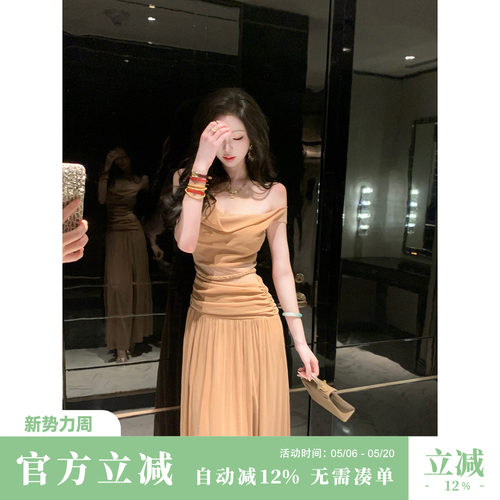 Sun雅乔【灯火阑珊】夏季无袖轻熟风荡领蕾丝花边连衣裙时尚长裙