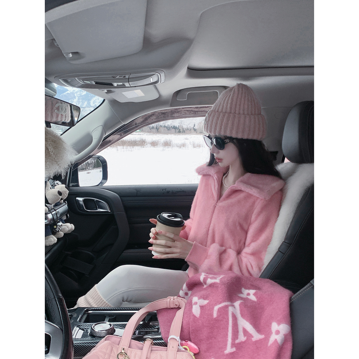 Sun雅乔【时尚博主】秋冬新款粉色长袖环保貂毛仿皮草棉袄外套女