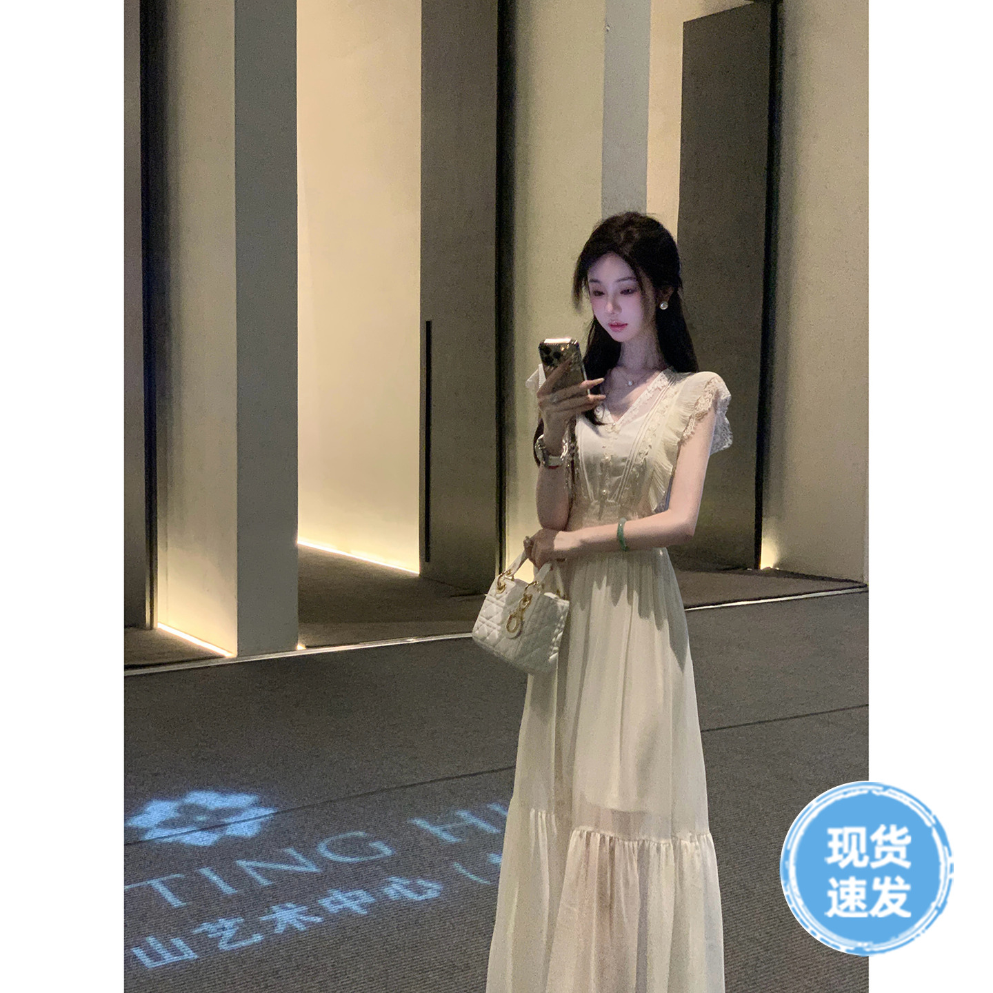 Sun雅乔【天鹅湖】双版本长短款蕾丝花边珍珠雪纺连衣裙两件套