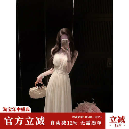 Sun雅乔【月下清晖】夏季白月光V领蕾丝花边钉珠收腰无袖连衣裙子