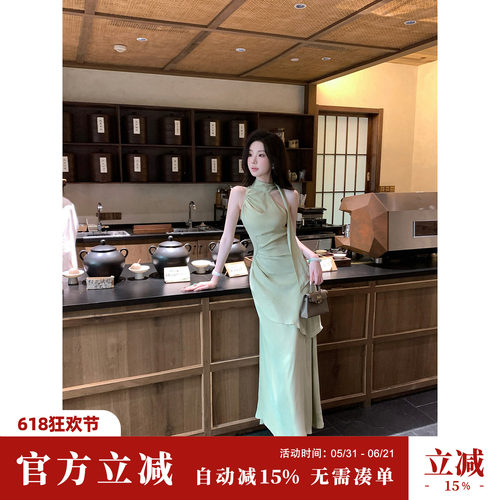 雅乔【昨日青空】夏季小众设计师不规则收腰收腰高领天丝连衣长裙