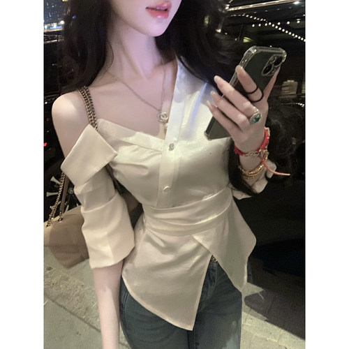 Sun雅乔【财阀千金】秋季衬衣长袖小众不规则衬衫撒银斜肩上衣女