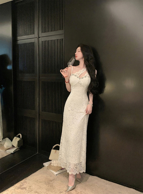 Sun雅乔【天生丽质】网红风纯欲连衣裙不对称设计粉色蕾丝吊带裙