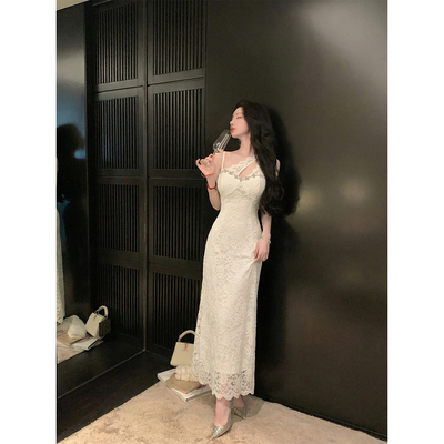 Sun雅乔【天生丽质】网红风纯欲连衣裙不对称设计粉色蕾丝吊带裙