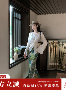 Sun雅乔【山长水阔】夏季小众油画感艺术印花感褶皱半身裙长裙子