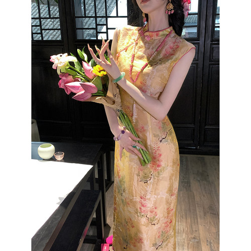 Sun雅乔【金粉世家】无袖修身国风连衣裙人丝新中式水墨印花旗袍